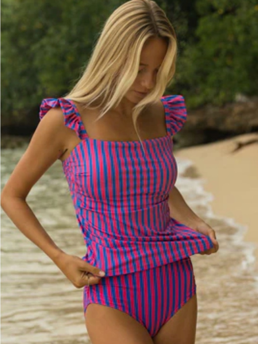 Ruffle Strap Two-Piece Bikini Set in Pink and Blue Stripes